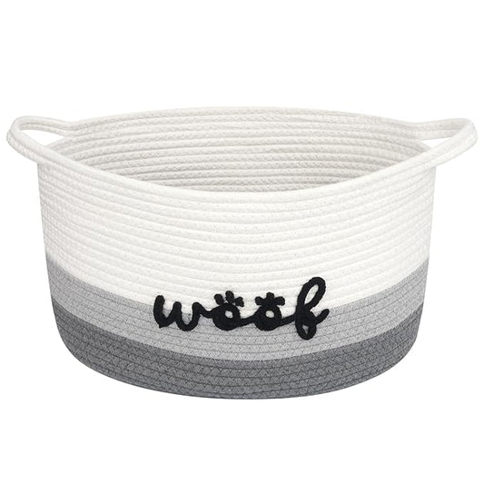 Dog Toy Basket Cute Basket for Baby, Woven Basket Toy Box and Bin for Pet Cat, 15" X 10" X 9" (22L) Large Rope Basket for Blanket Storage, Living Room, Bedroom, White Gray