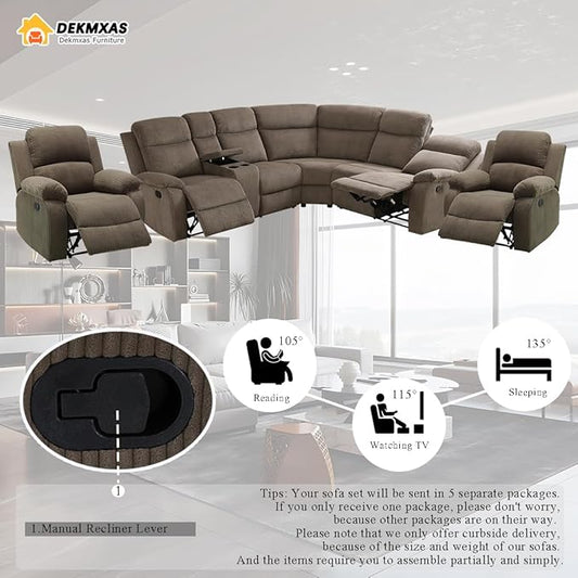 5PCS Brown Manual Reclining Sectional Sofa Set with Cup Holders,Living Room Furniture Set,Corduroy Sectional Couches and 2 Recliner Chairs with 5 Recliner Seats,Drop-Down Table,Storage Console