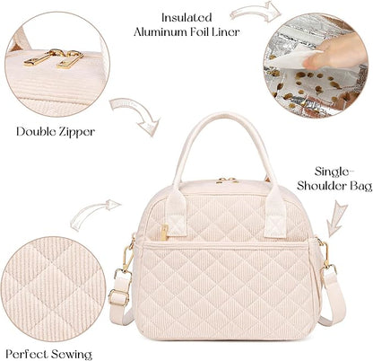 CAMTOP Lunch Box for Women Insulated Lunch Bag Lunchbox Cooler Thermal Leakproof Quilted Reusable Lunch Tote Bag for Work School Travel Picnic (Z-Beige)