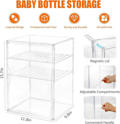 YESGIRL 3-Tier Clear Baby Bottle Organizer,Clear Stackable Acrylic Storage With Drawer for Countertop Cabine Storage Station Case Box Container for Nipples Pump Parts Food Jars