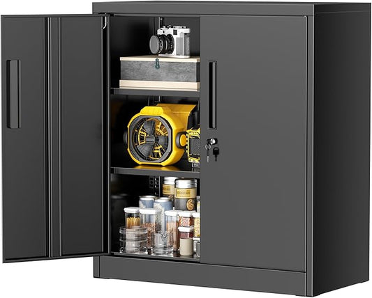 Greenvelly 36" H x 32" W x 16" D Black Metal Storage Cabinet with 2 Locking Doors and 2 Adjustable Shelves, Ideal for Home Office, Garage
