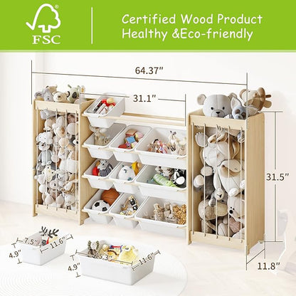 Large Toy Storage Organizer, Wooden Stuffed Animal Storage & 12-Bins Toy Organizer, Double-Sided Plush Toy Holder Featuring Thicker Ropes, Space Save Playroom Nursery Bedroom Storage, White