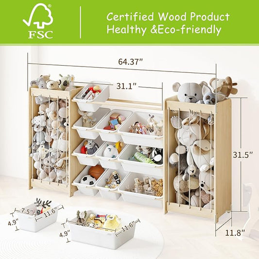 Large Toy Storage Organizer, Wooden Stuffed Animal Storage & 12-Bins Toy Organizer, Double-Sided Plush Toy Holder Featuring Thicker Ropes, Space Save Playroom Nursery Bedroom Storage, White