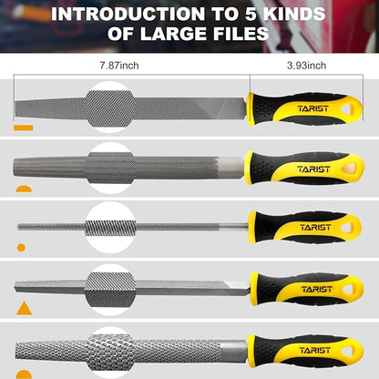 19PCS Metal & Rasp File Set with Tool Bag, Includes Flat/Half-Round/Round/Triangle steel file, Half-Round wood file, 4 Way File and 12pcs Needle Files, Work for Metal, Wood and more