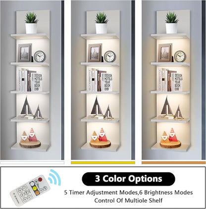 5 Tier Wall Shelf Unit, White Shelves,Lack Shelf, Wall Shelves for Bedroom，Office,Bathroom, Vanity Shelves with LED Light
