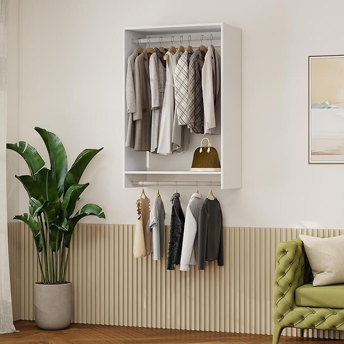 47" High Modular Closet Organizer System with 2 Hanging Rails,Closet Shelves& Wall Mount Shelving, Walk in Closet Bedroom Organization, Built in Clothes Storage, Closet Organizers and Storage, White