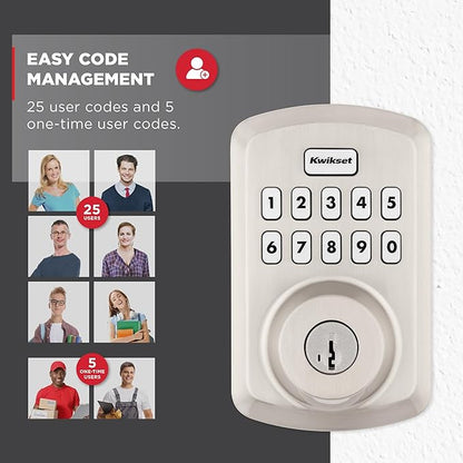 Kwikset Powerbolt 250 10-Button Keypad Satin Nickel Transitional Electronic Deadbolt Door Lock, Featuring Convenient Keyless Entry, Customizable User Codes, and Auto-Locking