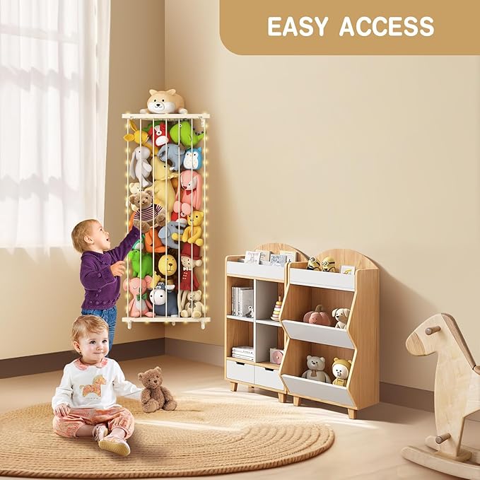 Corner Stuffed Animal Storage Net - Stuffed Animals Holder with Light - Plush Organizer Hanging Stuffed Animal Hammock with Adjustable Length for Bedroom