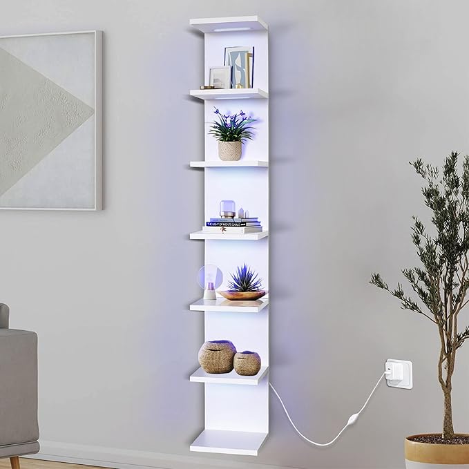 7-Tier Wall Shelf with 10 RGB Lighting Modes, White Wall Mounted Vertical Display Floating Shelf for Home Decor Bedroom Vanity
