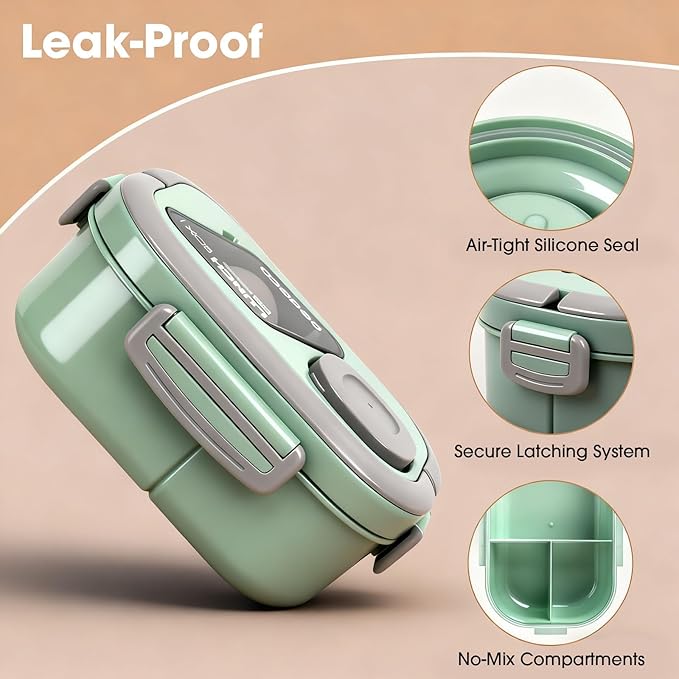 Bento Box Set with Lunch Bag, Lunch Containers for Women&Men&Kids. Leakproof 3-Compartment and 2-Tier Stackable Container with Portable Sauce Pod, Microwave/Dishwasher Safe, BPA-Free (Green)