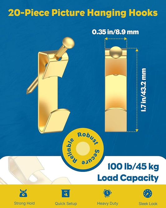 Uniclife 20 Pcs 100 lb Heavy Duty Picture Hangers for Drywall & Wood, Picture Hanging Hooks with Nails, Picture Hanging Hardware, Frame Hooks Picture Hooks for Hanging Photos Mirrors Paintings