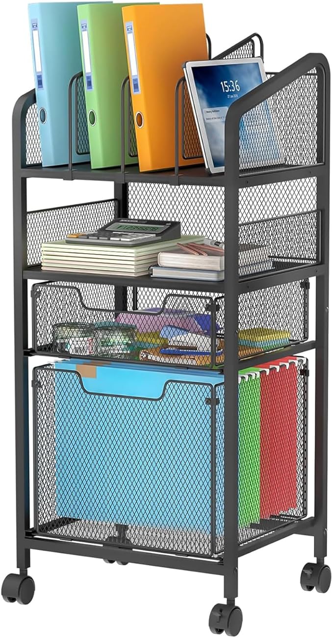 2 Drawer File Cabinet with Adjustable Dividers, 4-Tier Mobile Vertical Filing Cabinet on Lockable Wheels, Hanging File Organizer Cart for Letter-Size,Rolling Utility Cart for Home Office