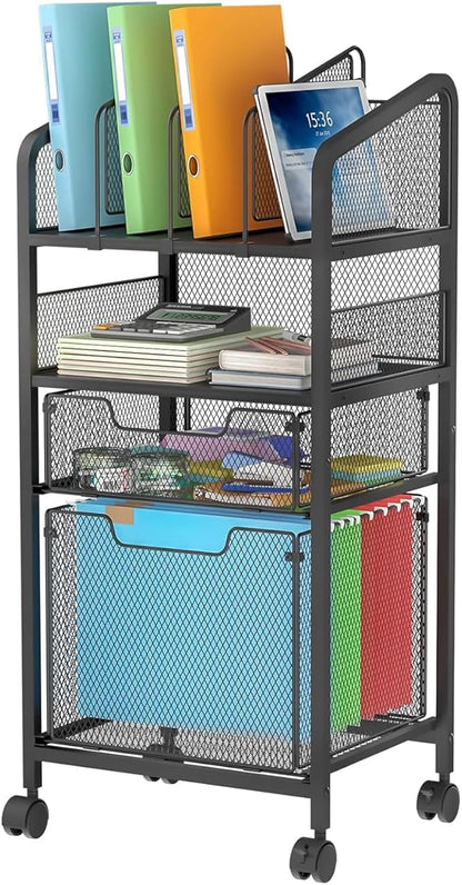 2 Drawer File Cabinet with Adjustable Dividers, 4-Tier Mobile Vertical Filing Cabinet on Lockable Wheels, Hanging File Organizer Cart for Letter-Size,Rolling Utility Cart for Home Office