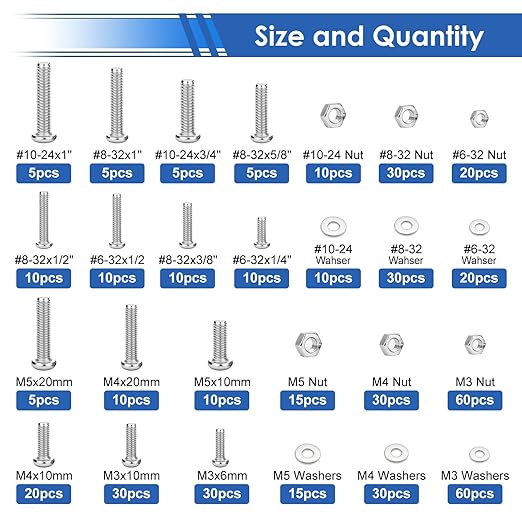 smseace 495Pcs SAE&Metric Nuts and Bolts Assortment Kit 26-Sizes M3/M4/M5#6-32#8-32#10-24 Phillips Pan Head Nut Bolt Washer Assortment Kit for Machinery, Furniture, Automotive, Motorcycle Repair