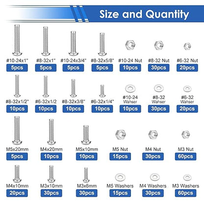 smseace 495Pcs SAE&Metric Nuts and Bolts Assortment Kit 26-Sizes M3/M4/M5#6-32#8-32#10-24 Phillips Pan Head Nut Bolt Washer Assortment Kit for Machinery, Furniture, Automotive, Motorcycle Repair
