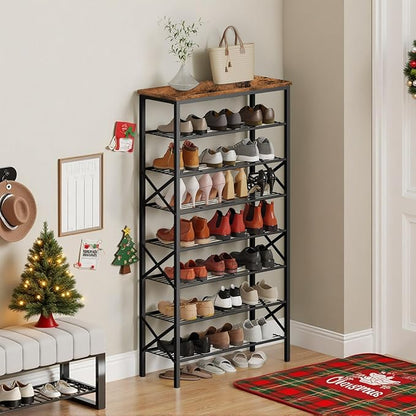 8 Tier Shoe Rack, Shoe Storage Organizer, Large Capacity Shoe Shelf Holds 32 Pairs of Shoes, Sturdy and Stable, for Entryway, Hallway, Closet, Dorm Room, Rustic Brown SS08BR