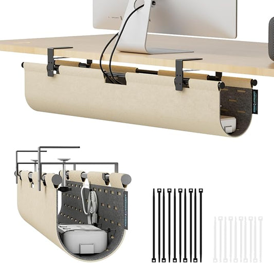 No Drill Under Desk Cable Management Tray, 30" Large Felt Cord Organizer with Pegboard-Style Design, Power Strip Holder, Privacy Panel for Standing Desk & Home Office, Clamp/Screw Mount (Khaki/Gray)