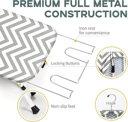 Folding Ironing Board for Small Space, RAINHOL Mini Collapsible Ironing Boards, with Hook, Iron Rest, Heat-Resistant 100% Cotton Cover and Pad, Gray and White Stripes, 31" x 12", Steel Mesh