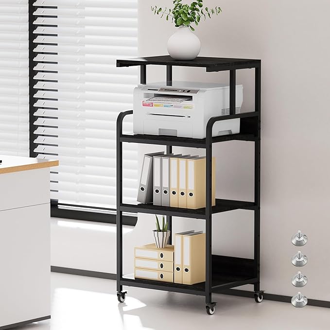 4 Tier Printer Stand with Wheels, Extra Large Tall Printer Table for Home Office, Printer and Shredder Stand with Storage Shelf (Black)