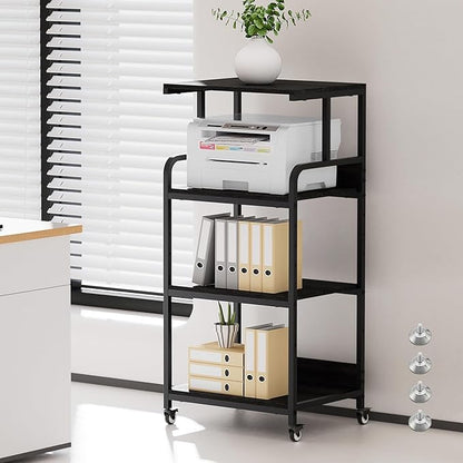 4 Tier Printer Stand with Wheels, Extra Large Tall Printer Table for Home Office, Printer and Shredder Stand with Storage Shelf (Black)
