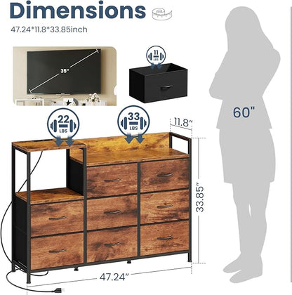 DUMOS TV Stand Dresser with 8 Fabric Drawers & Open Shelves, TV Stand for Up to 45 inch TV with Wooden Top, Entertainment Center with Charging Station for Living Room, Hallway, Brown