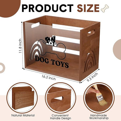 Large Dog Toy Basket Dog Toy Box Wooden Storage Bin with Acrylic Board Storage Box for Puppy Toys Pet Food and Accessories Organizer Holder Basket for Living Room Area(Brown, Dog)