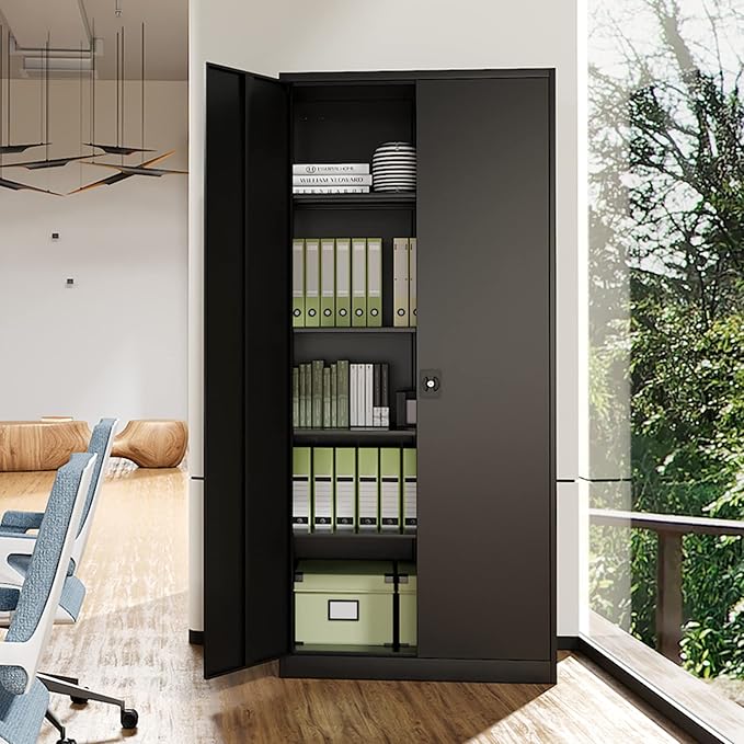MIIIKO Metal Cabinet for Storage, Locking Door Tall Steel Storage Cabinet with 5 Shelves, Black Garage Cabinet Organizer, 71" Heavy Duty Utility Cabinets with Lock 2 Doors