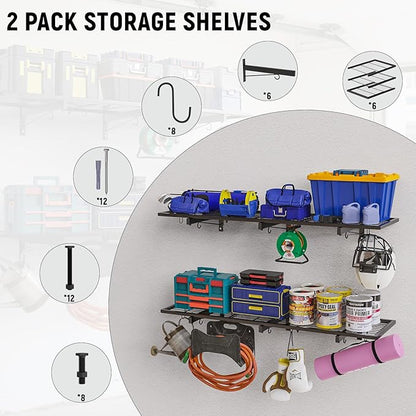 2 Pack Garage Wall Shelves, 46"X 12.5" Garage Shelving Wall Mounted, Heavy Duty Shelf Organizer with 8 Hooks, Black Floating Storage Metal Rack 320 LBS Capacity for Laundry Room, Office, Basement