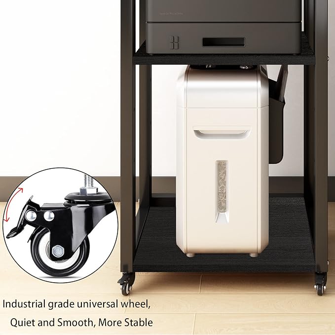 Natwind 3-Tier Movable Printer Stand with Storage Rolling Floor-Standing Deskside Shredder Computer Host Stand Adjustable Storage Shelf Rack on Wheels for Office Supplies Fax Scanner File Book (Black)