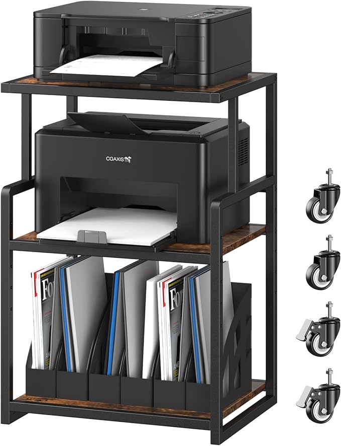 21.3 x 15.7 Inch Printer Stand, 5-Adjustable Heights 3 Tier Printer Cart with Wheels, Mobile Printer Table for Home Office for Storage Heat Press Scanner Fax, Rustic Brown