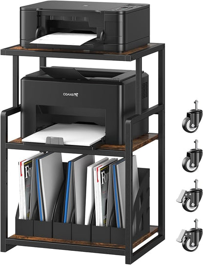 21.3 x 15.7 Inch Printer Stand, 5-Adjustable Heights 3 Tier Printer Cart with Wheels, Mobile Printer Table for Home Office for Storage Heat Press Scanner Fax, Rustic Brown