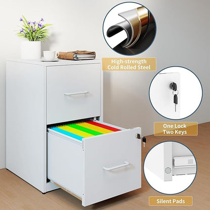 2 Drawer File Cabinet with Lock, Vertical Filing Cabinets for Home Office, Metal Storage Cabinet, Heavy Duty File Cabinet for Under Desk, Amsseble Required, White