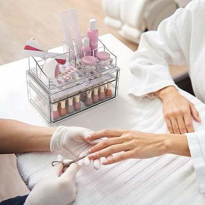 Delamu 3-Tier Clear Makeup Organizer with Drawer, Acrylic Cosmetic Display Case for Makeup Vanity Bathroom Counter Organizers and Storage, Stackable Vanity Organizer for Brushes Lipsticks Skincare