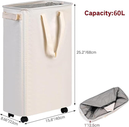 efluky Slim Laundry Hamper with Wheels, Rolling Laundry Basket for Clothes, Small Laundry Basket for Bedroom, Dorm and Laundry Room, 60L (12.7 Gallons) Beige