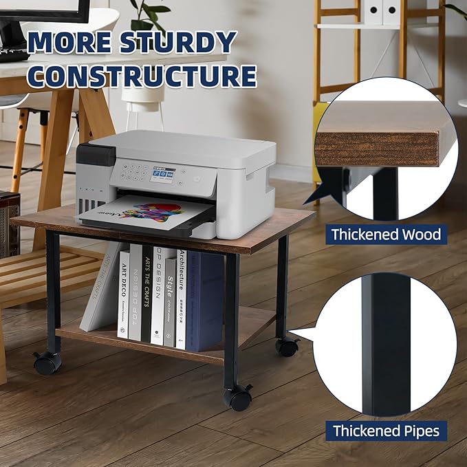 Printer Stand with Storage Shelf, Small Printer Stand for Desk Office Home, Under Desk Printer Table with Rolling Wheels, Heavy Duty Mobile Machine Cart with Shelf, Rustic Brown
