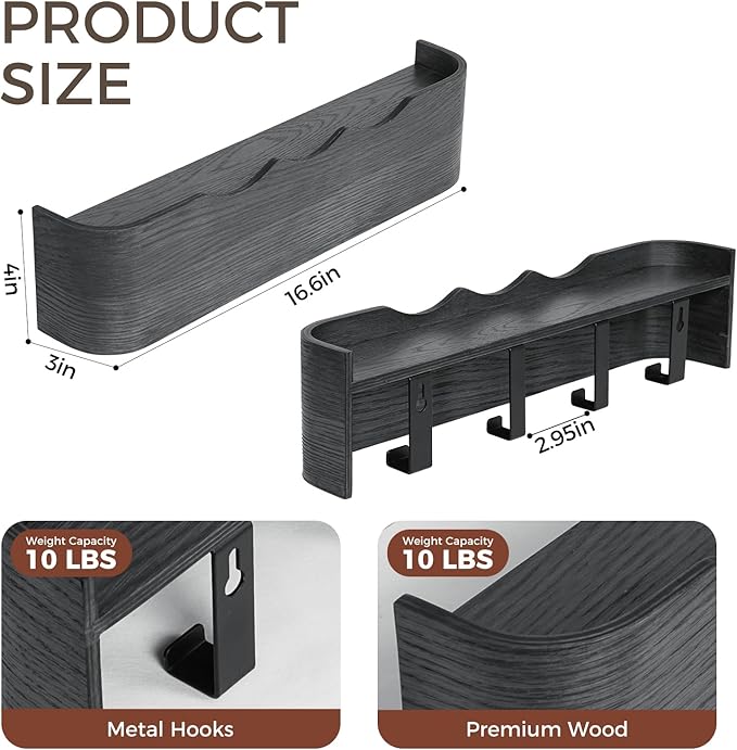 Wall Coat Rack Floating Shelves Modern Coat Rack Wall Mount with Storage Entryway Shelf Wooden Hanger 20 Inch 4 Hidden Metal Hooks for Living Room Bedroom (Wavy Black, 4 Hooks)