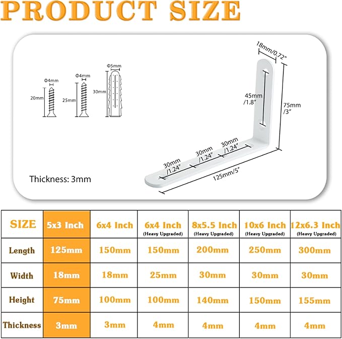 Alise 8 Pack Floating Shelf Brackets,White Heavy Duty L Bracket Corner Brace,Stainless Steel Corner Brackets,Joint Angle Bracket for Hanging Support,Shelves Support DIY (5 x 3 Inch)