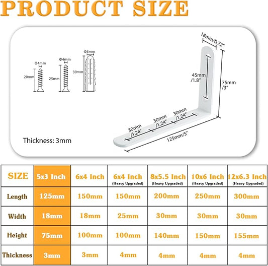 Alise 8 Pack Floating Shelf Brackets,White Heavy Duty L Bracket Corner Brace,Stainless Steel Corner Brackets,Joint Angle Bracket for Hanging Support,Shelves Support DIY (5 x 3 Inch)