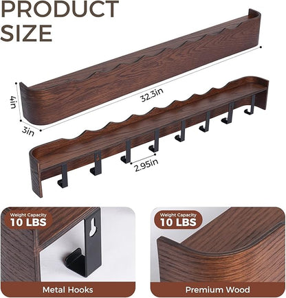 Wall Coat Rack Floating Shelves Modern Coat Rack Wall Mount with Storage Entryway Shelf Wooden Hanger 20 Inch 4 Hidden Metal Hooks for Living Room Bedroom (Wavy Walnut Color, 8 Hooks)