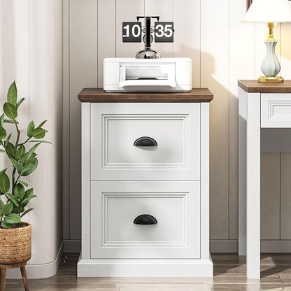 Vertical File Cabinet, Filing Cabinet with 2 File Drawers, Farmhouse Small File Cabinet Fits Letter/A4 Size, Wooden Printer Stand, Under Desk Cabinets for Home Office, White