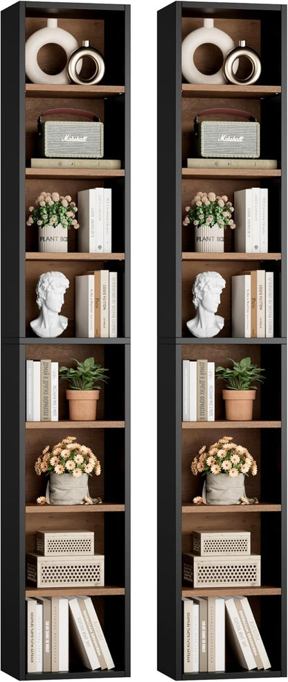 FOTOSOK 2 Pcs 71'' Tall Narrow Bookshelf, 8-Tier Media Tower Rack Set of 2, CD DVD Storage Cabinet with Adjustable Shelves, Tall Narrow Bookcase Skinny Display Bookshelf Slim Shelf, Black/Brown
