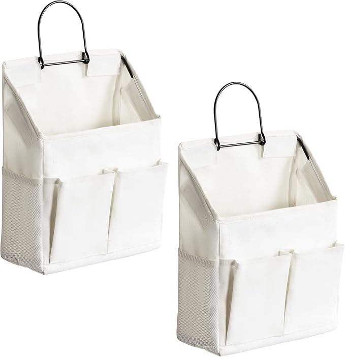 2pcs Wall Hanging Storage Bag, Small Door Closet Linen Fabric Pockets Organizer, Waterproof Multi Functional for Living Room Bedroom Bathroom Kitchen RV Camper with Hooks All White