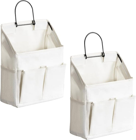2pcs Wall Hanging Storage Bag, Small Door Closet Linen Fabric Pockets Organizer, Waterproof Multi Functional for Living Room Bedroom Bathroom Kitchen RV Camper with Hooks All White