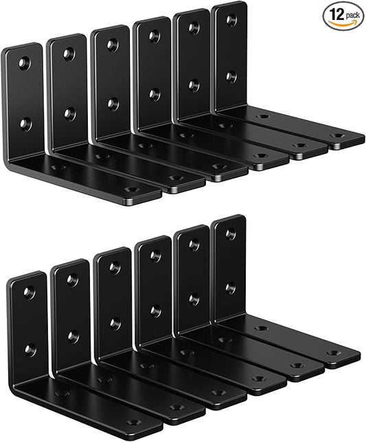 12-Pack 4 Inch Heavy Duty Shelf Brackets, Premium Floating L Bracket for Wall, Kitchen, Mantel Shelves Support | Quarter Inch (1/4") Thick | Black Powder Coated Steel