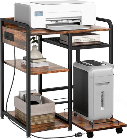 Livofloral Large Printer Stand for Home Office, 23.6 x 18.9 Inch Printer Stand with Power Outlet USB Port, Printer Table with Storage Shelf, Printer Shredder Stand with Wheels, Rustic Brown