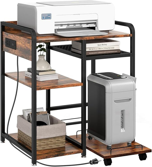 Livofloral Large Printer Stand for Home Office, 23.6 x 18.9 Inch Printer Stand with Power Outlet USB Port, Printer Table with Storage Shelf, Printer Shredder Stand with Wheels, Rustic Brown
