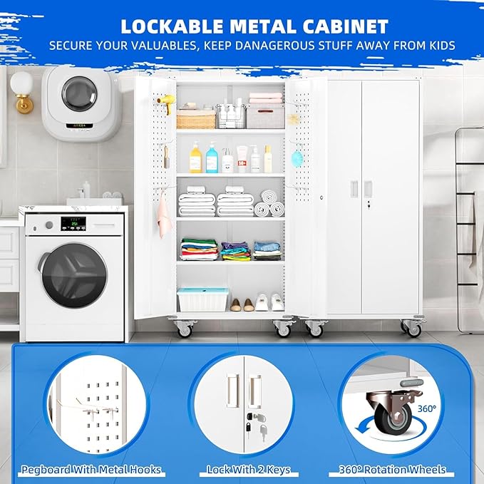 INTERGREAT Metal Garage Storage Cabinets, Lockable Rolling Tool Cabinet with Pegboard and Shelves, 75" Tall Heavy-Duty File Cabinet with Wheels for Garage, Basement, Warehouse, White