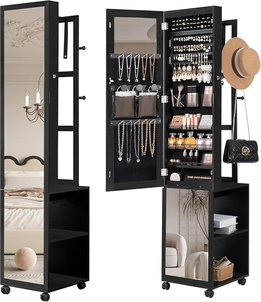 8 LEDs Jewelry Cabinet Armoire, 66.9-inch Jewelry Organizer with Garment Rack, Lockable Full-length Mirror with 4 Wheels, Storage Shelves with Hooks, 5-in-1, Black JC17004B