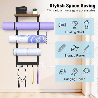 Yoga Mat Holder Wall Mount, Yoga Mats Storage Rack, Home Gym Wall Organizer Holder with Wood Floating Shelf and 5 Hooks, Storage Rack for Hanging Foam Roller/Band/Workout Equipment, Black