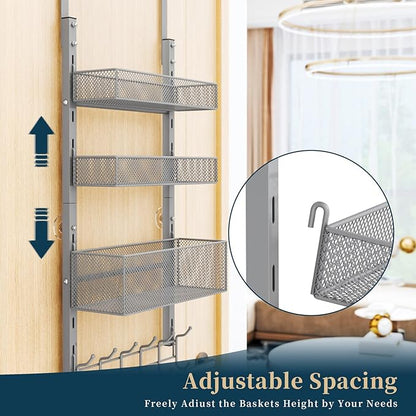Consumest Over The Door Hooks Organizer - 4 Tier Door Coat Rack with 3 Baskets and 12 Hooks, Stainless Steel Towel Hanger for Bedroom, Bathroom, Living Room, Silver